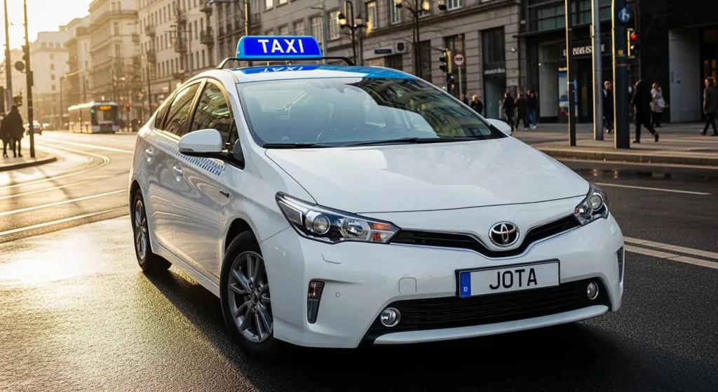 Jota Taxi Jagodina – lokalni taksi servis sa vozilom ispred gradske lokacije