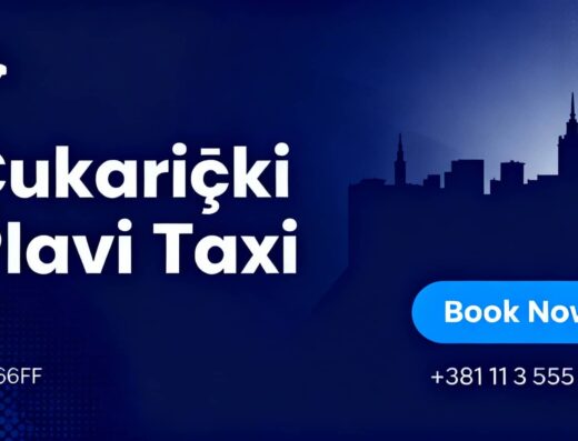 Čist, moderan cover za Čukarički Plavi Taxi: bijeli logotip i naziv tvrtke na tamnoplavoj pozadini s siluetom Beograda, desno plavo dugme "Book Now" i telefonski broj +381 11 3 555 444.
