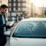Taxi vozač stoji pored belog modernog vozila, koristi tablet ili pametni telefon, u pozadini se vidi digitalna mapa ili aplikacija. Atmosfera je profesionalna, urbana, sa blagim futurističkim tonom.