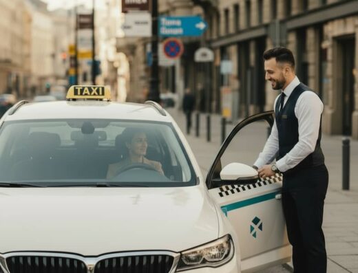 Siguran taxi vozilo u Beogradu ispred gradske zgrade, spremno za vožnju