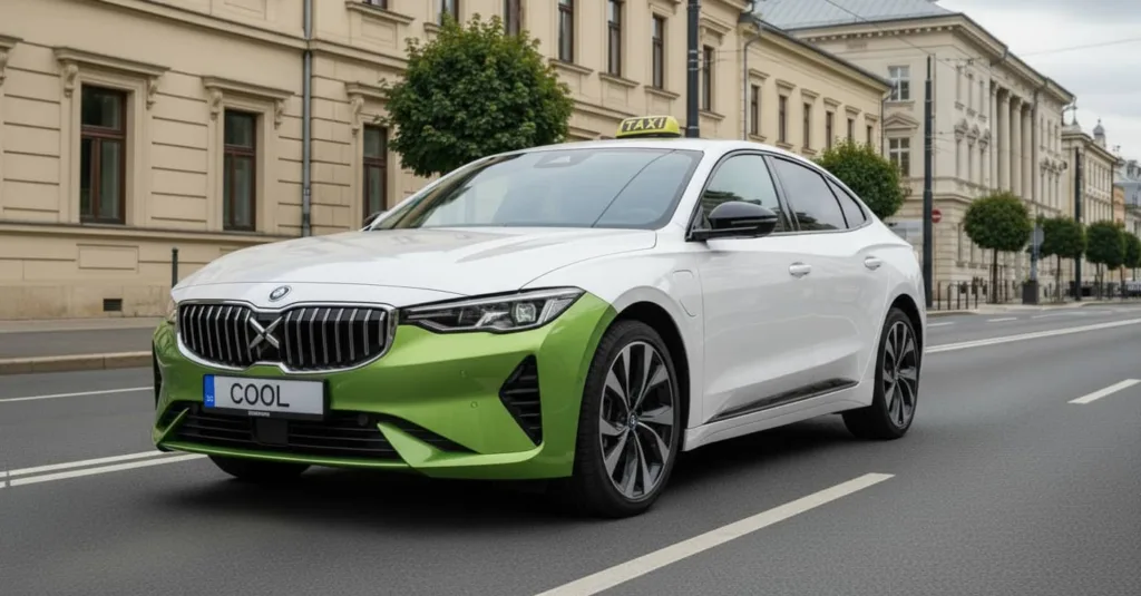 Moderni hibridni taksi zeleno-bele boje Cool Taxi Kragujevac ispred gradske zgrade