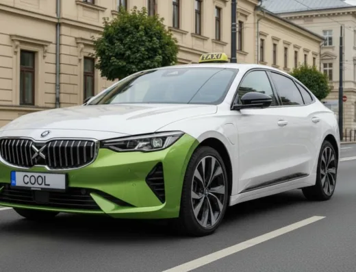 Moderni hibridni taksi zeleno-bele boje Cool Taxi Kragujevac ispred gradske zgrade