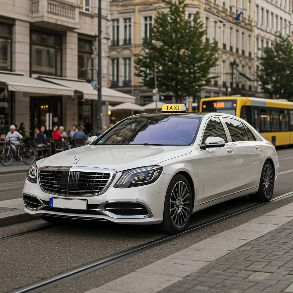 Beli taksi mercedes parkiran sa registarskim tablicama bele boje bez oznaka na prometnoj gradskoj ulici , realistična fotografija, 3/4 pogled na automobil koji prikazuje prednji i bočni dio, moderna evropska urbana pozadina sa tramvajskim šinama, pešacima, kafićima i zgradama srednjeg sprata, topla meka sunčeva svetlost, mala dubinska oštrina, fotorealistično, visoki detalji, objektiv od 35 mm, prirodne boje, filmski kontrast